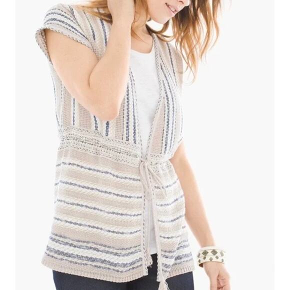 Chico's Beige Striped Open Front Knit Cardigan Sweater Short Sleeve Size 1 - Picture 6 of 6